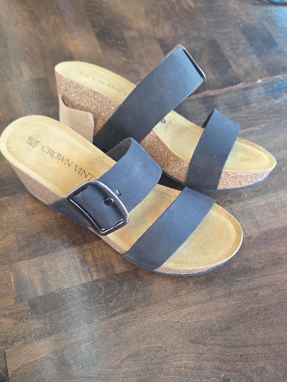 Crown Vintage Size 6 Women's NEW Black Double-Strap Cork Wedge Sandals